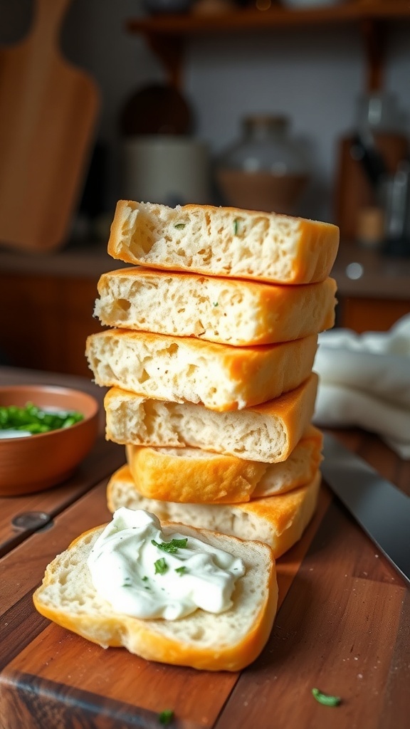 Stovetop Cloud Bread Recipe Fluffy cloud bread pieces stacked on a wooden table with cream cheese and herbs.